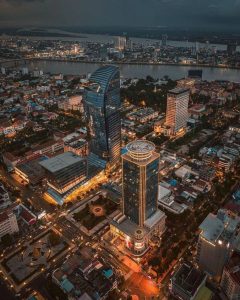 Aerial view of central Phnom Penh skyline at dusk