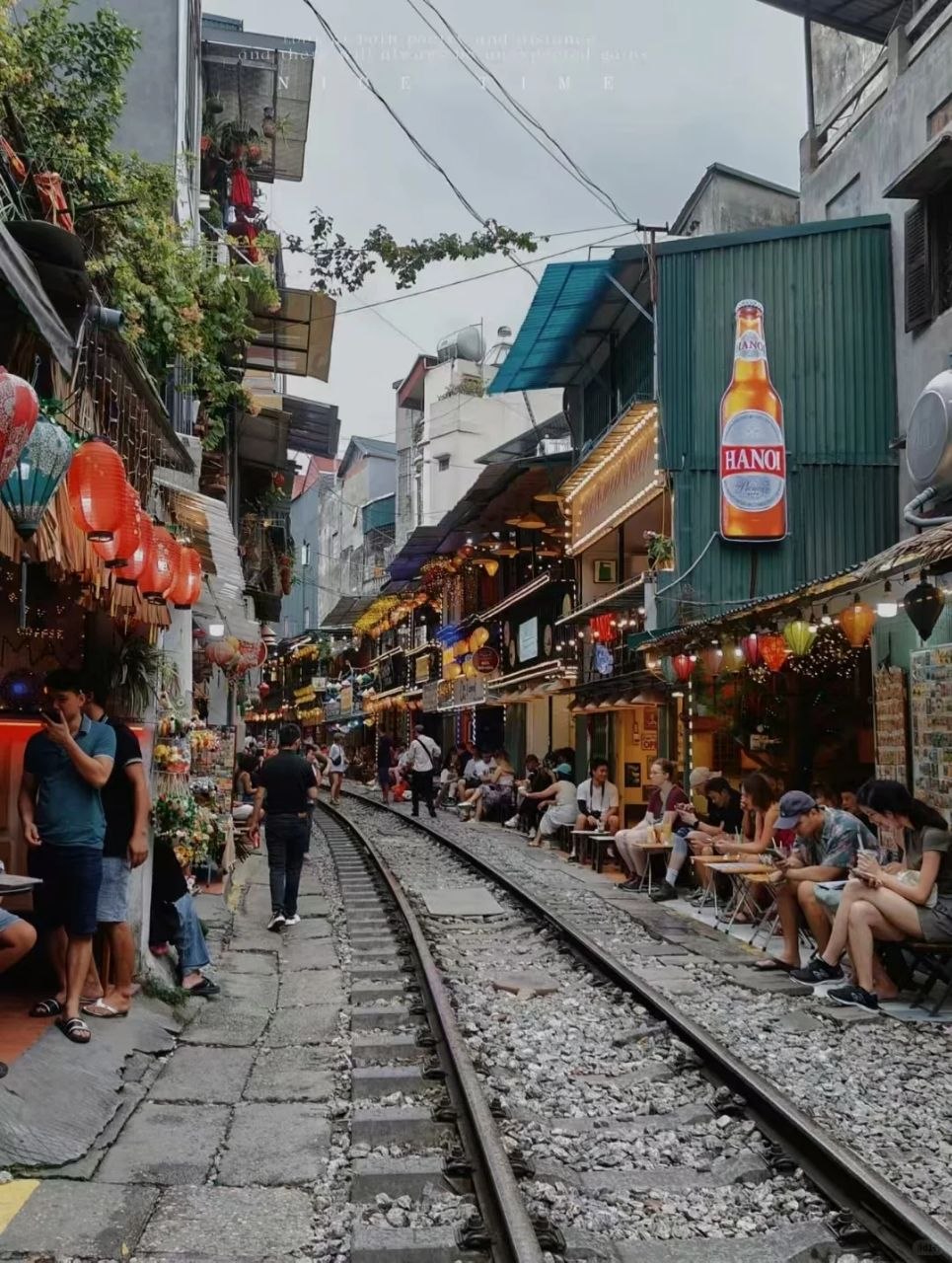 Train street cafe area in Hanoi Vietnam